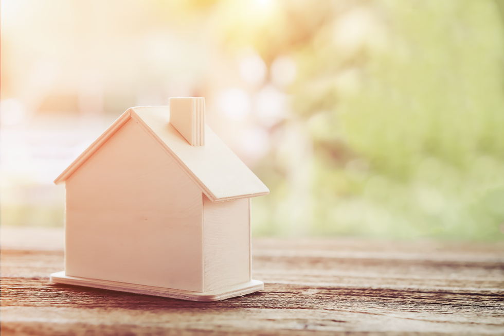 Wooden Model of House as Symbol on Green Grass Background